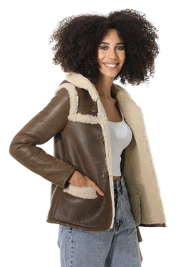 Image of Women's Hoody Shearling Jacket, Vintage Nut with Beige Curly Wool