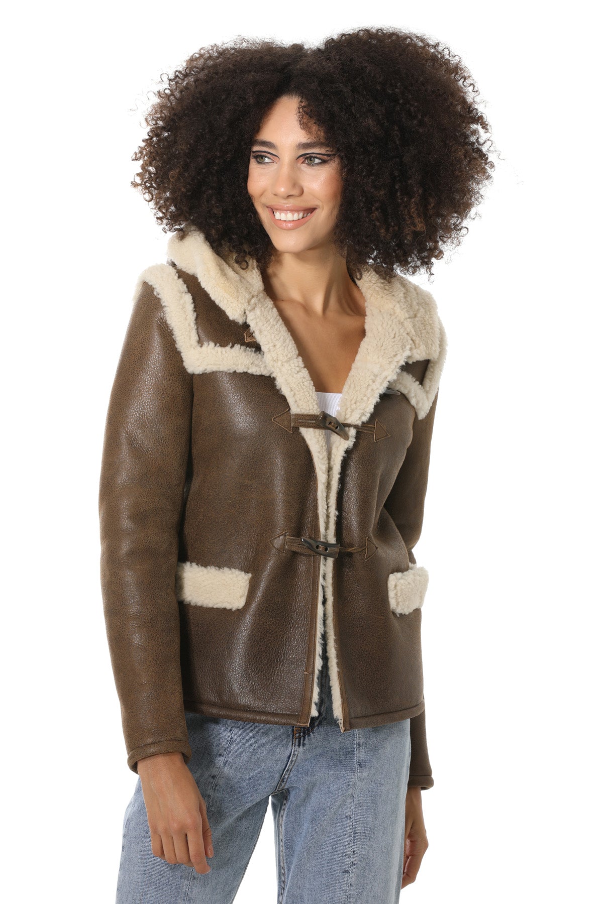 Women's Hoody Shearling Jacket, Vintage Nut with Beige Curly Wool