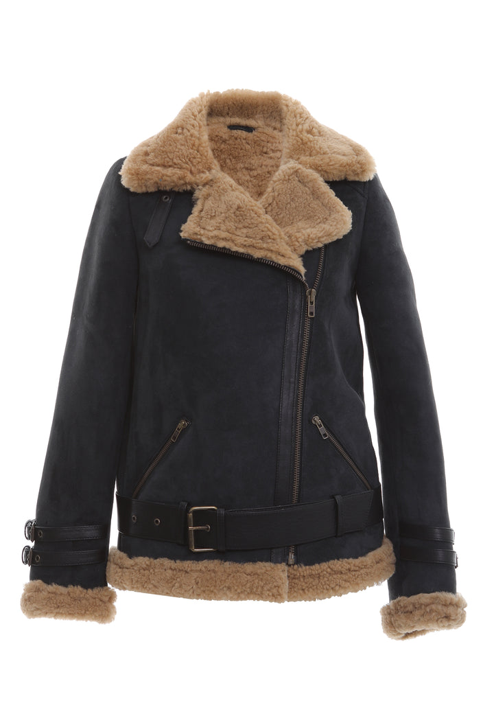 Women's Shearling Belted Biker Jacket, Anthracite Suede with Ginger Curly Wool