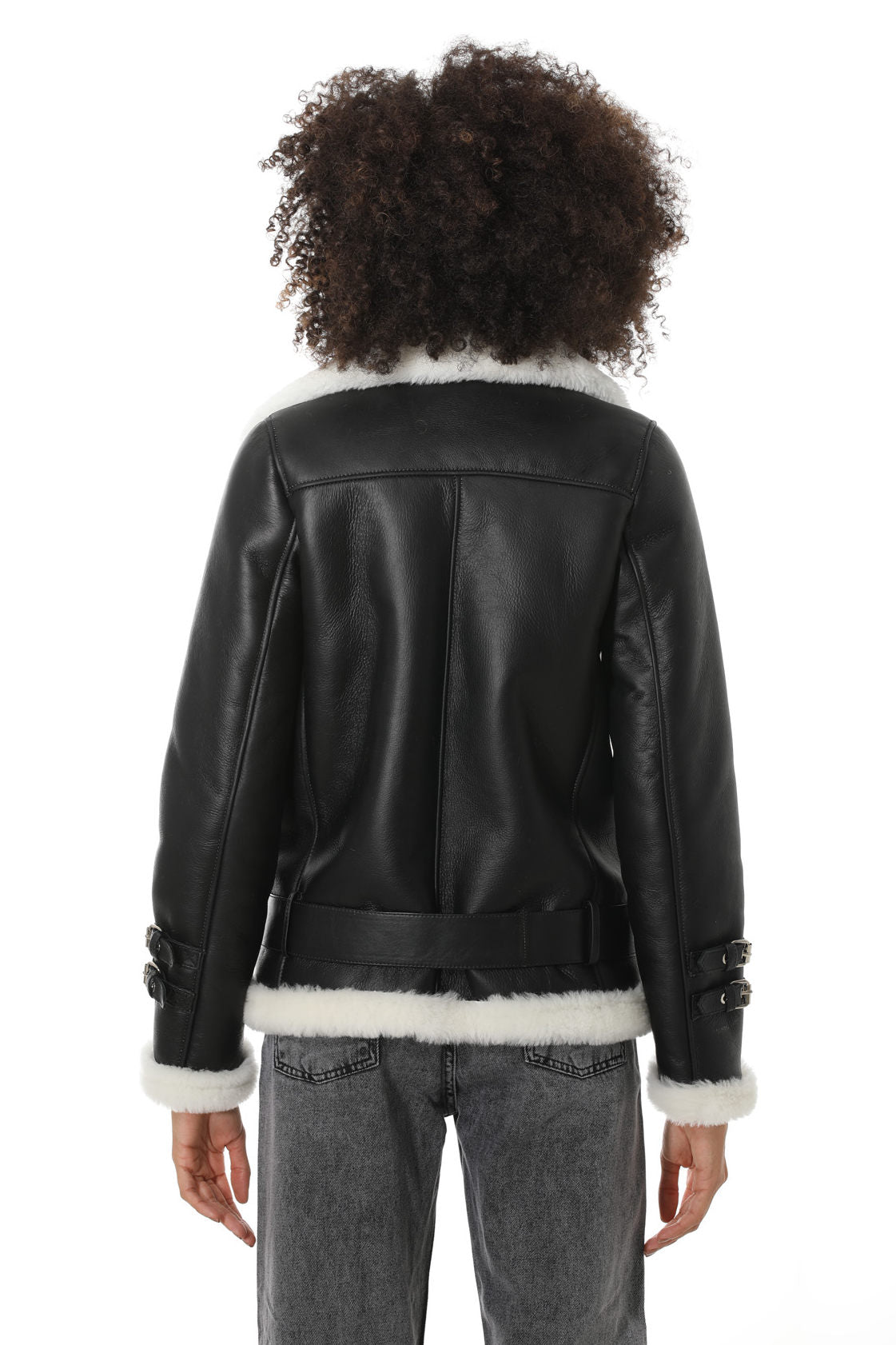 Women's Shearling Belted Biker Jacket, Silky Black with White Wool