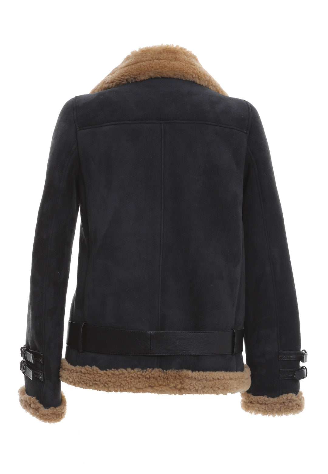 Women's Shearling Belted Biker Jacket, Anthracite Suede with Ginger Curly Wool