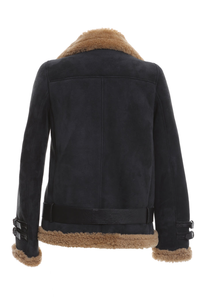 Women's Shearling Belted Biker Jacket, Anthracite Suede with Ginger Curly Wool