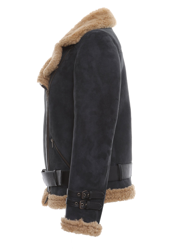 Women's Shearling Belted Biker Jacket, Anthracite Suede with Ginger Curly Wool