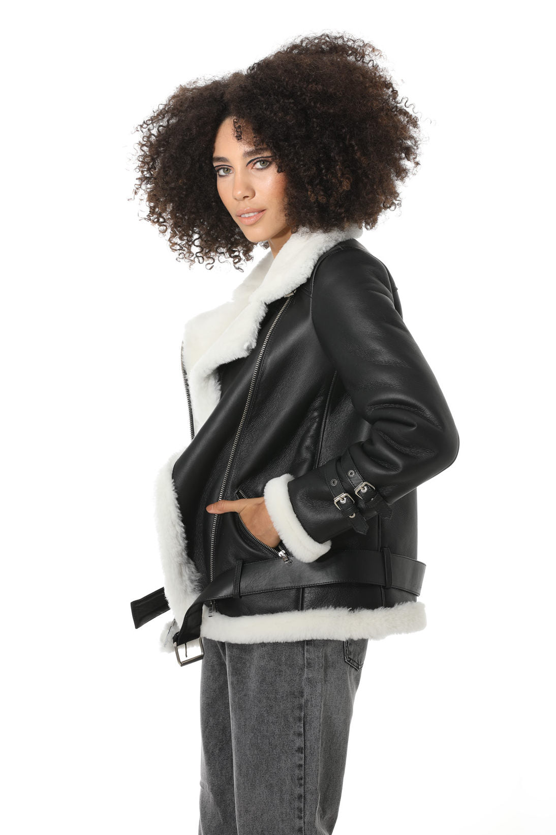 Women's Shearling Belted Biker Jacket, Silky Black with White Wool