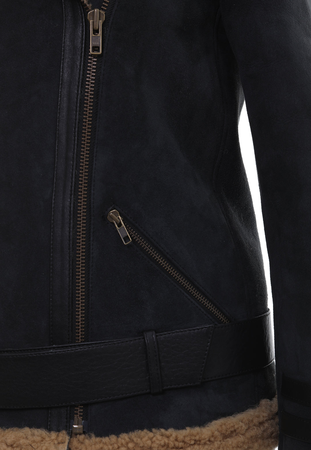Women's Shearling Belted Biker Jacket, Anthracite Suede with Ginger Curly Wool