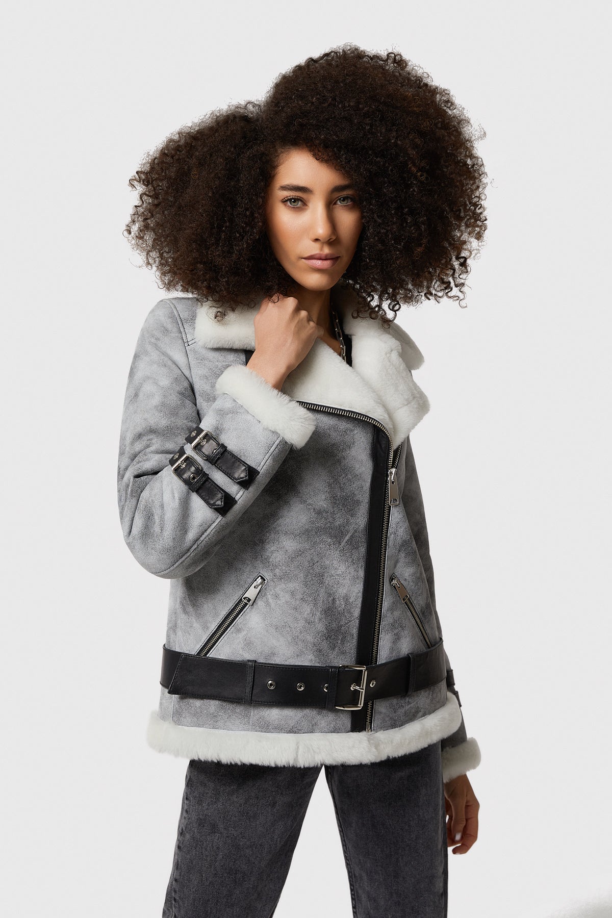 Women's Shearling Belted Biker Jacket, Natural Dying Grey with White Wool