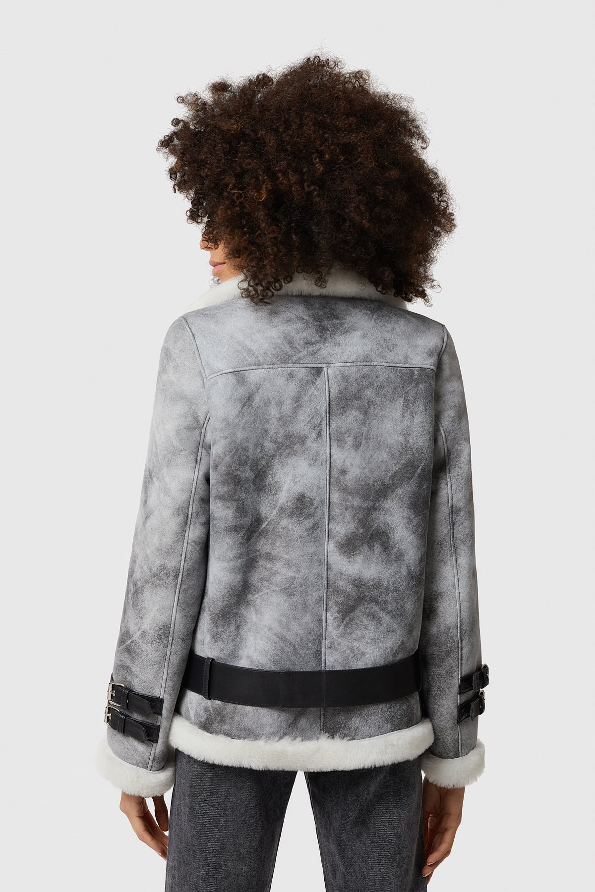 Women's Shearling Belted Biker Jacket, Natural Dying Grey with White Wool