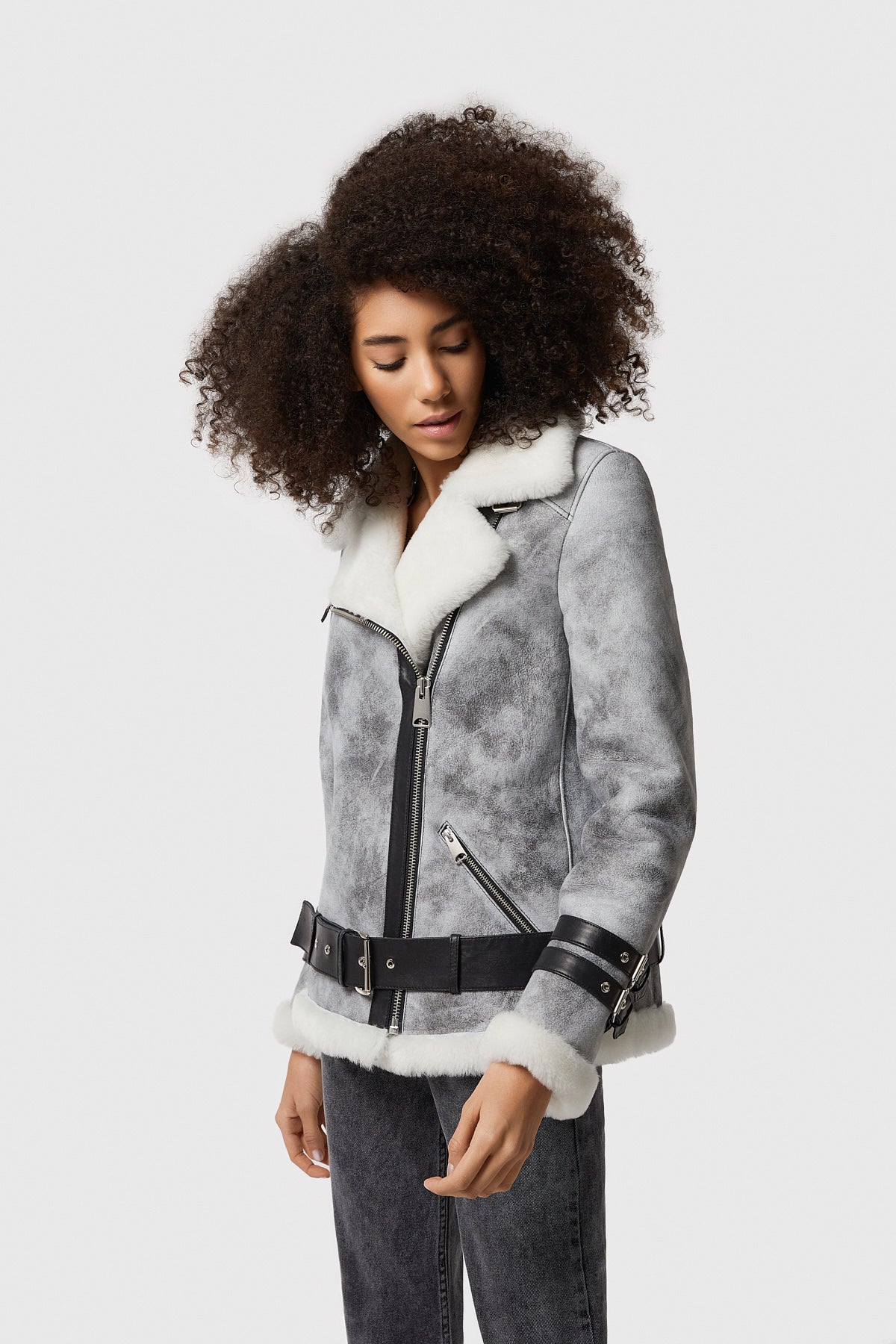 Women's Shearling Belted Biker Jacket, Natural Dying Grey with White Wool