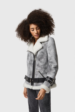 Image of Women's Shearling Belted Biker Jacket, Natural Dying Grey with White Wool