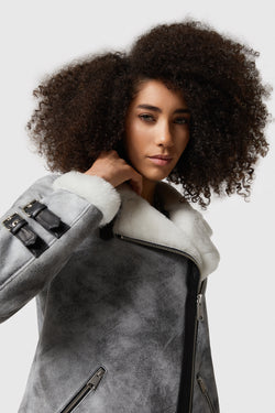 Image of Women's Shearling Belted Biker Jacket, Natural Dying Grey with White Wool