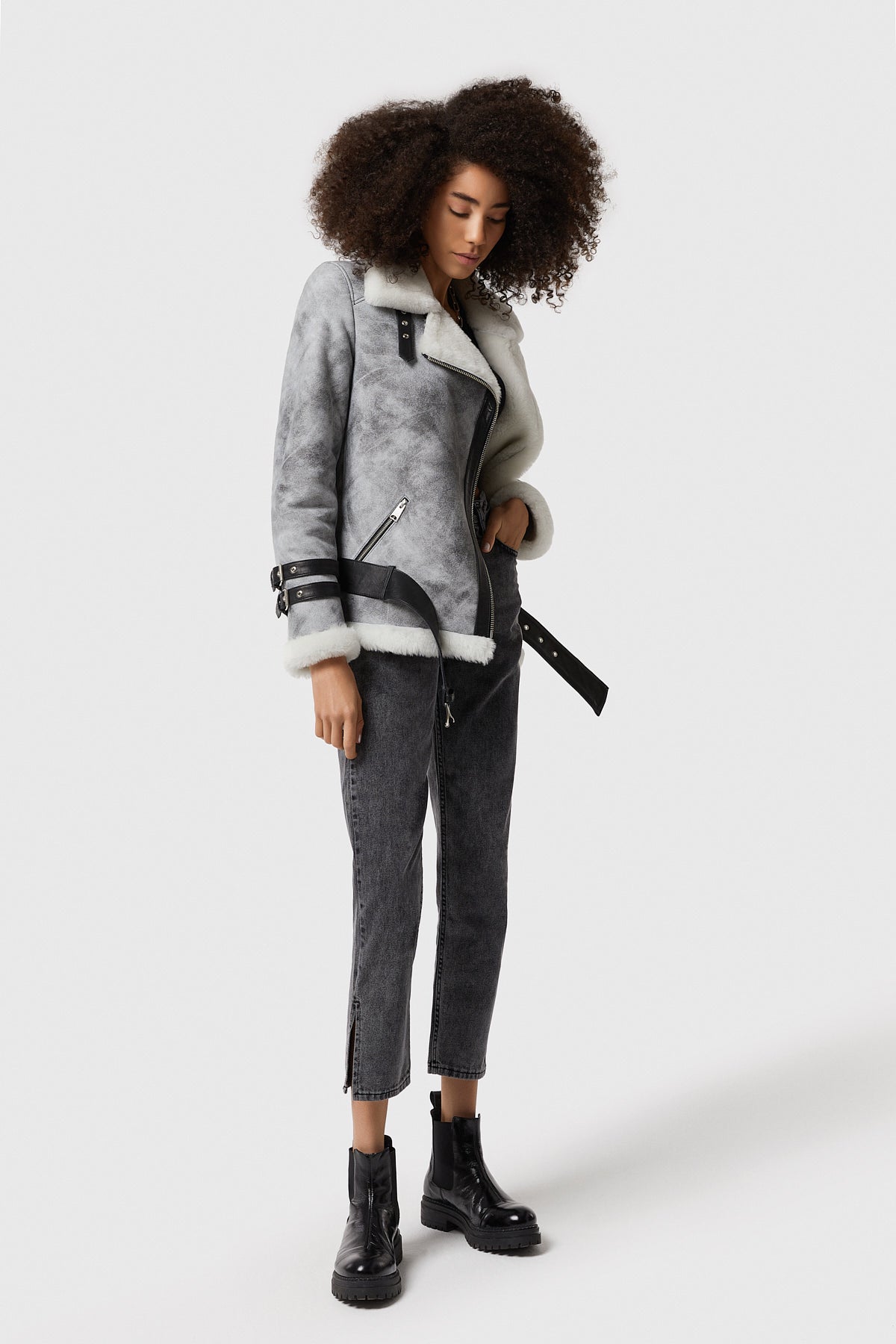 Women's Shearling Belted Biker Jacket, Natural Dying Grey with White Wool