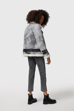 Image of Women's Shearling Belted Biker Jacket, Natural Dying Grey with White Wool