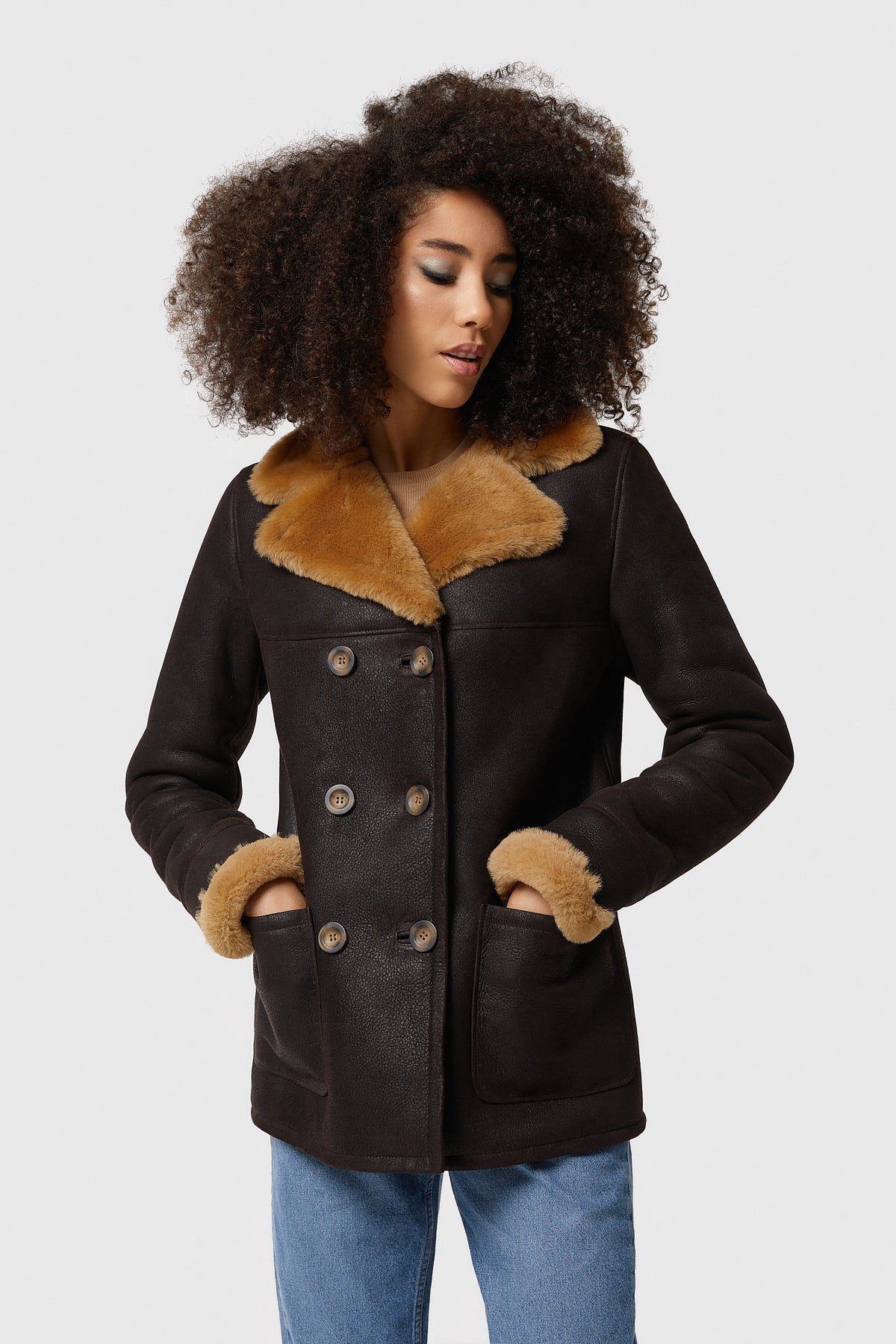 Women's Peacoat, Washed Brown with Ginger Wool