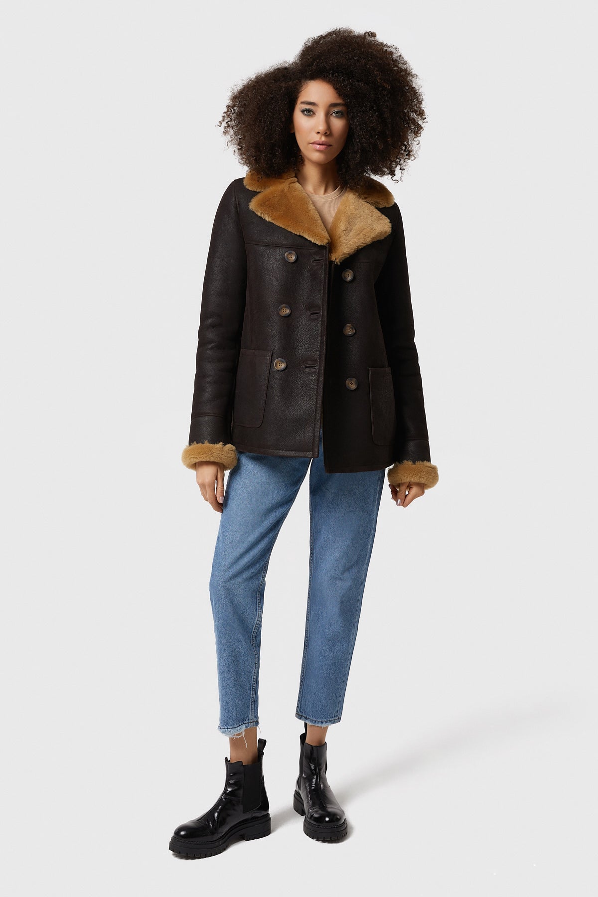 Women's Peacoat, Washed Brown with Ginger Wool