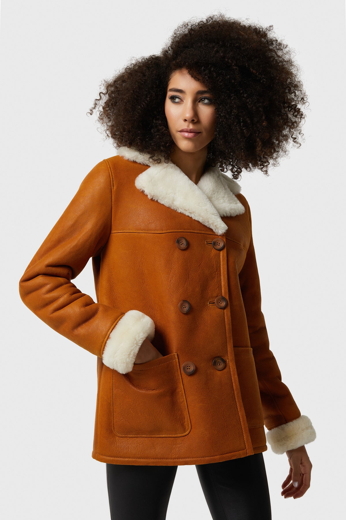 Women's Shearling Peacoat, Washed Tan with White Wool