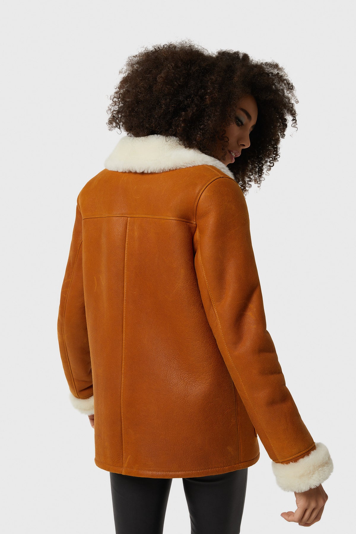 Women's Shearling Peacoat, Washed Tan with White Wool