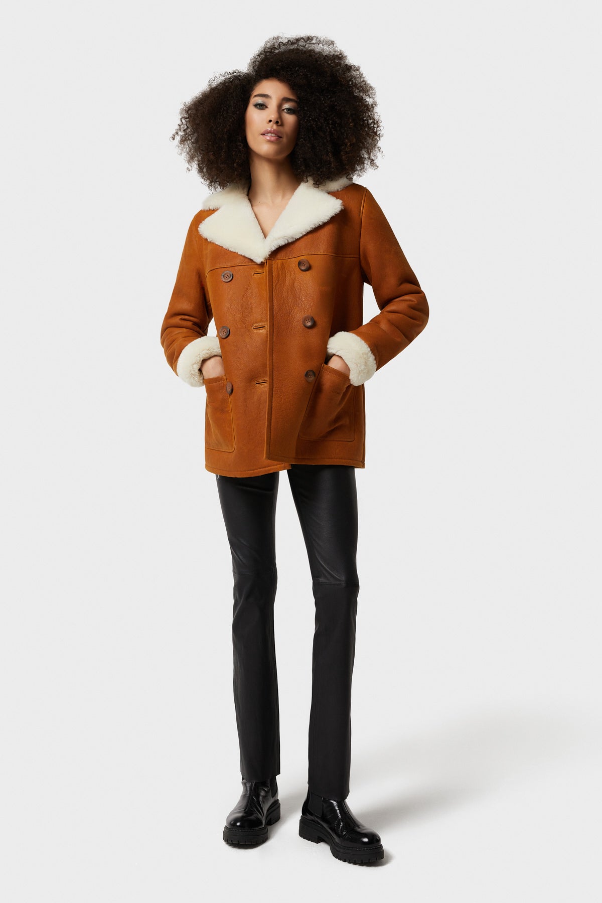 Women's Shearling Peacoat, Washed Tan with White Wool