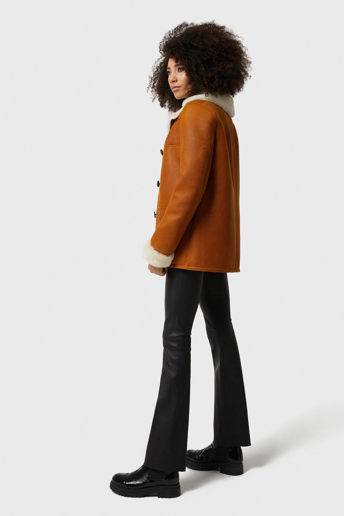 Women's Shearling Peacoat, Washed Tan with White Wool