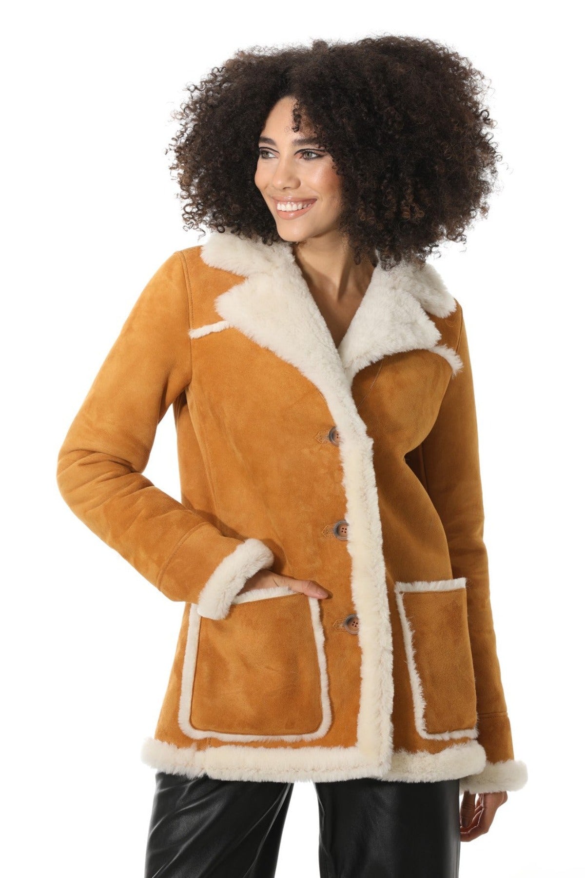 Women's Shearling Patch Pocket Coat, Tan Suede with White Wool