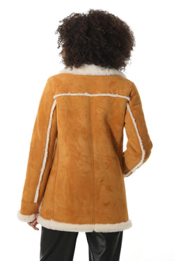 Image of Women's Shearling Patch Pocket Coat, Tan Suede with White Wool