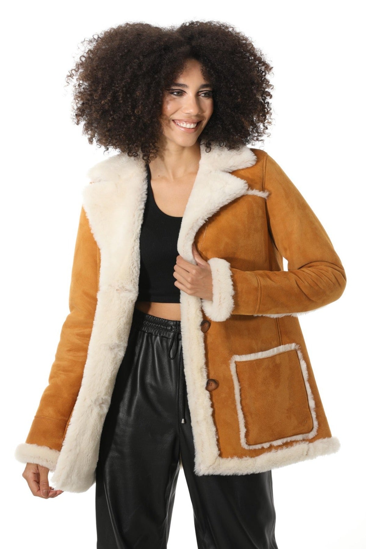 Women's Shearling Patch Pocket Coat, Tan Suede with White Wool