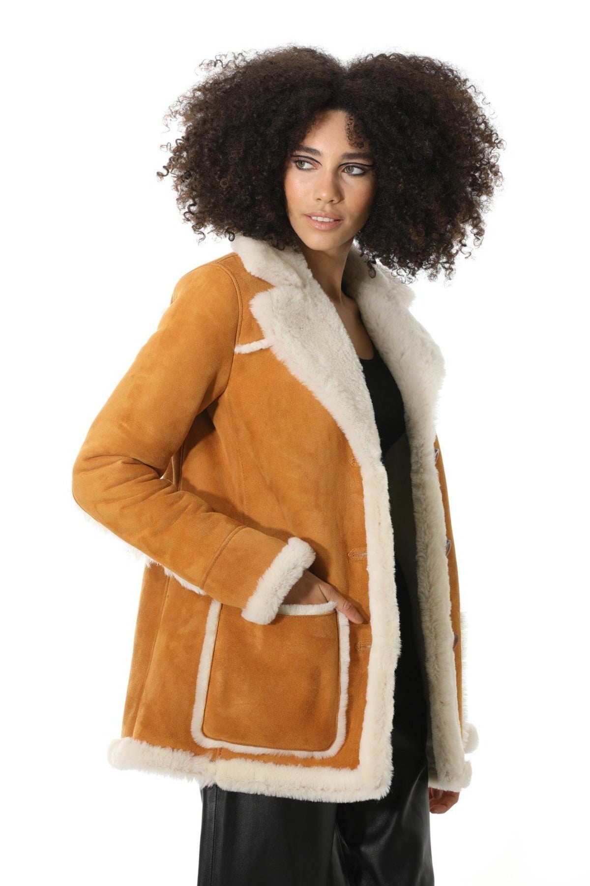 Women's Shearling Patch Pocket Coat, Tan Suede with White Wool