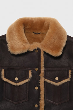 Image of Women's Sheepskin Western Trucker Coat, Washed Brown with Ginger Wool