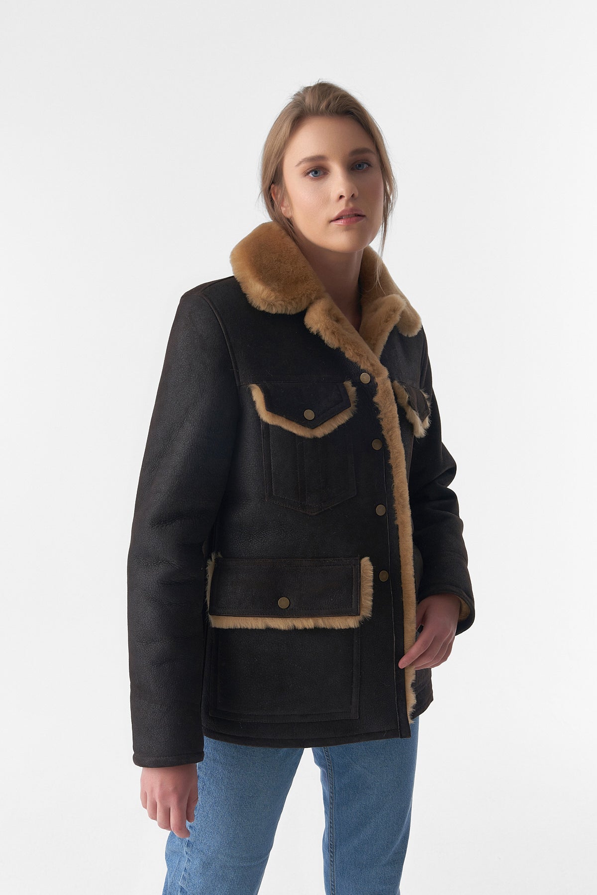 Women's Sheepskin Western Trucker Coat, Washed Brown with Ginger Wool