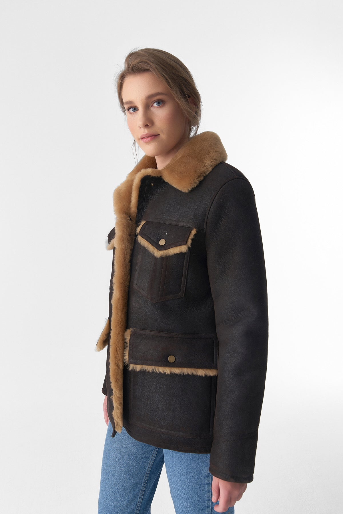 Women's Sheepskin Western Trucker Coat, Washed Brown with Ginger Wool