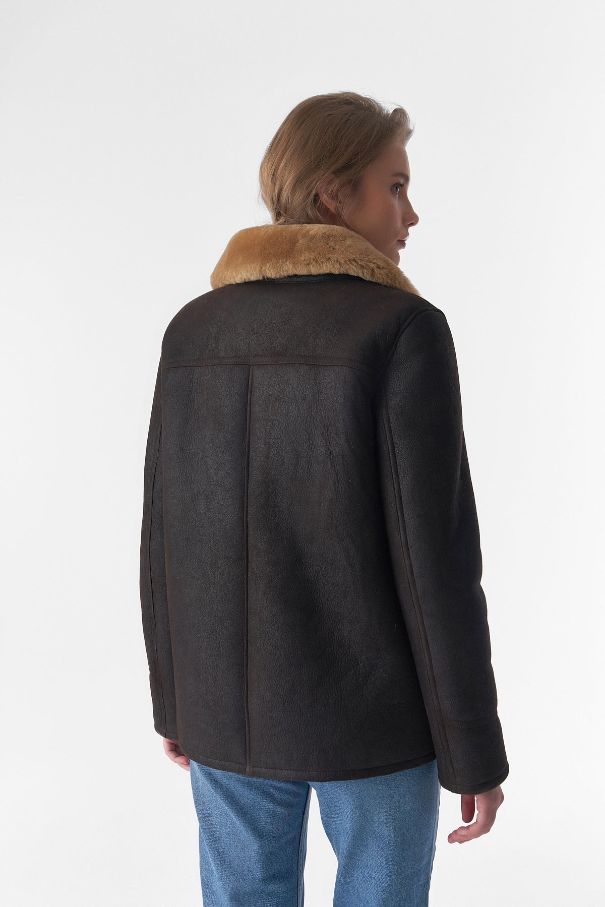 Women's Sheepskin Western Trucker Coat, Washed Brown with Ginger Wool