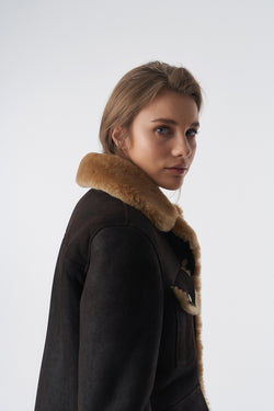 Image of Women's Sheepskin Western Trucker Coat, Washed Brown with Ginger Wool