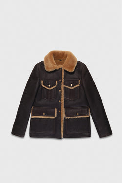 Image of Women's Sheepskin Western Trucker Coat, Washed Brown with Ginger Wool