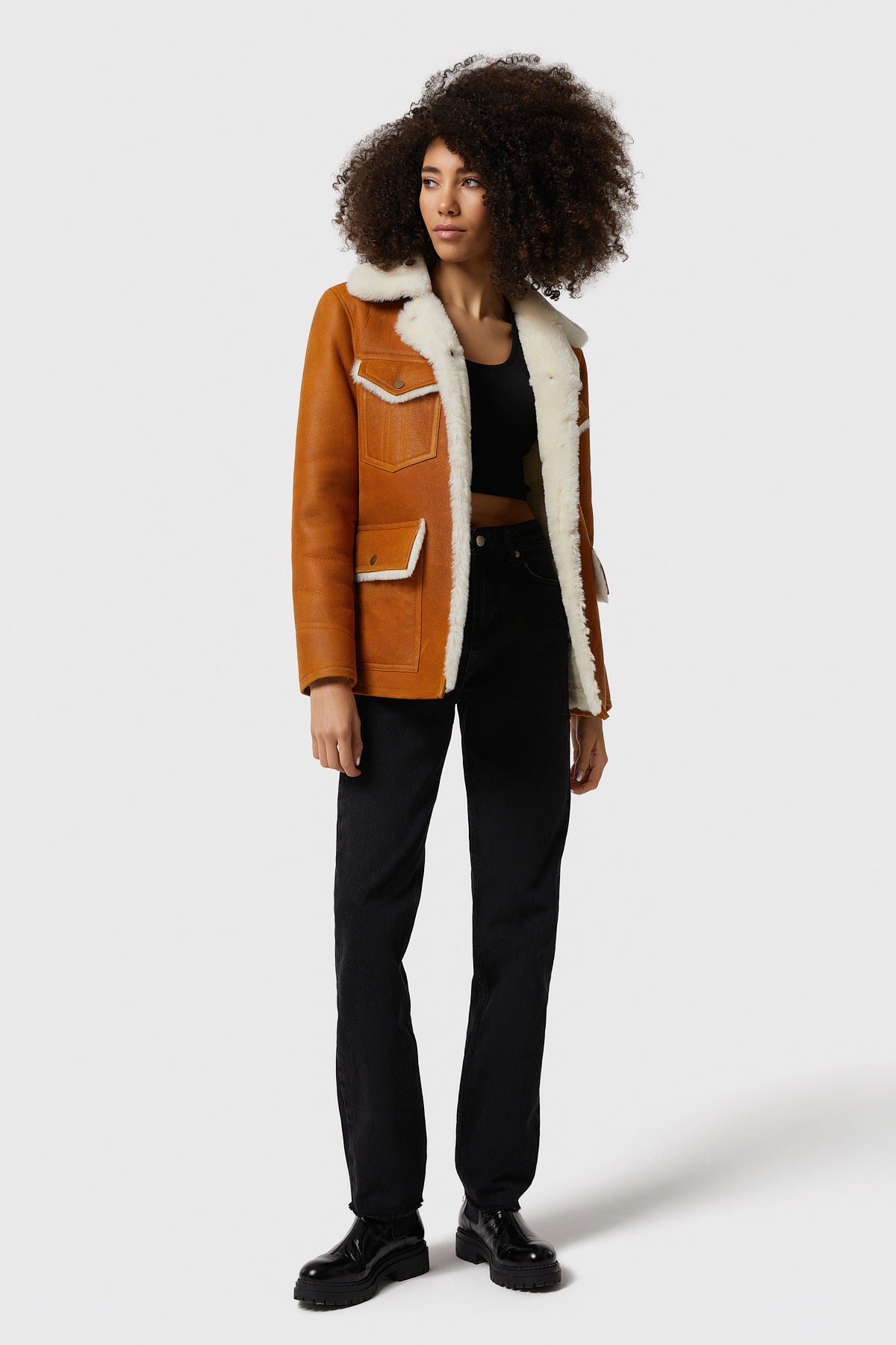 Women's Shearling Western Trucker Coat, Washed Tan with White Wool