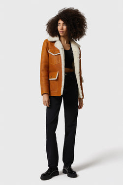 Image of Women's Shearling Western Trucker Coat, Washed Tan with White Wool