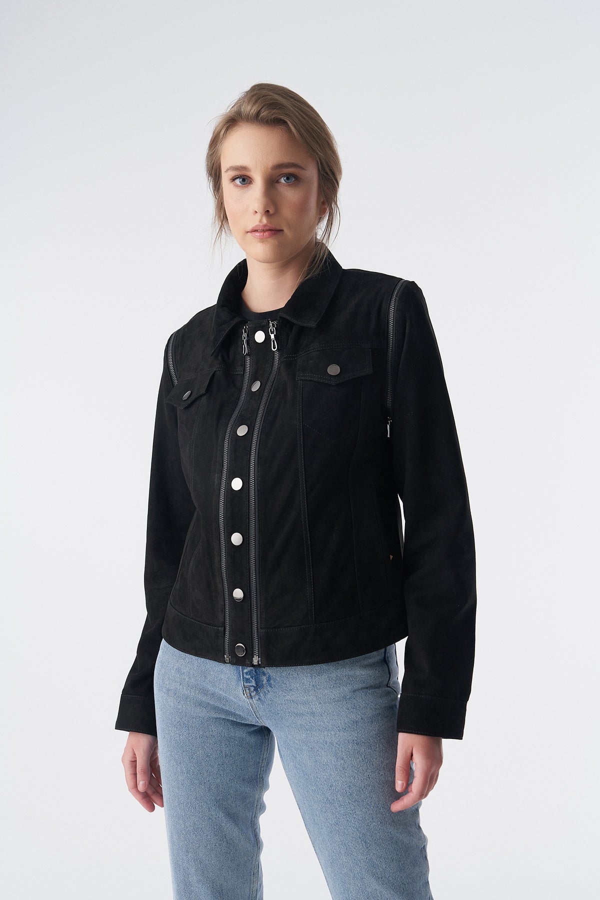 Detachable Sleeves Suede Biker Jacket and Waistcoat, Black