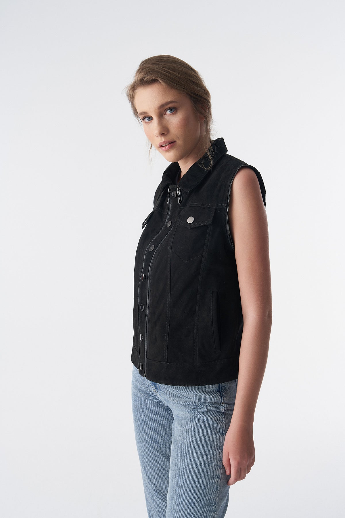 Detachable Sleeves Suede Biker Jacket and Waistcoat, Black