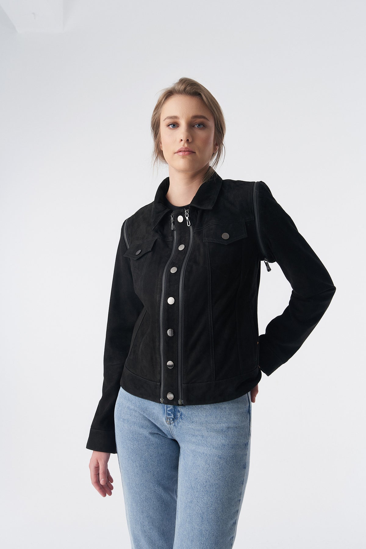 Detachable Sleeves Suede Biker Jacket and Waistcoat, Black