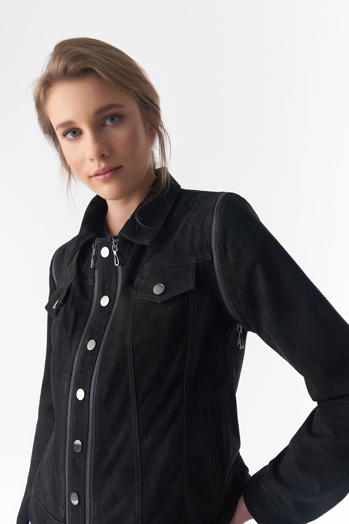 Detachable Sleeves Suede Biker Jacket and Waistcoat, Black