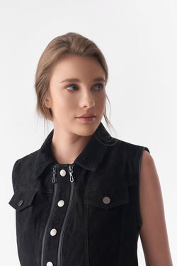 Image of Detachable Sleeves Suede Biker Jacket and Waistcoat, Black