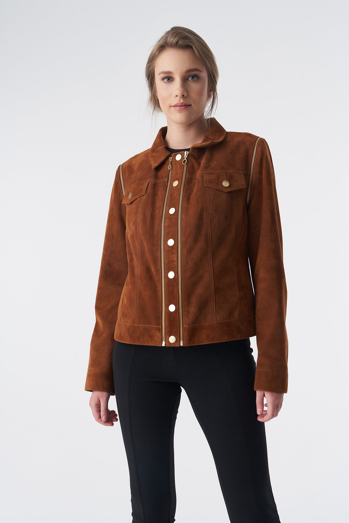 Detachable Sleeves Suede Biker Jacket and Waistcoat, Tan