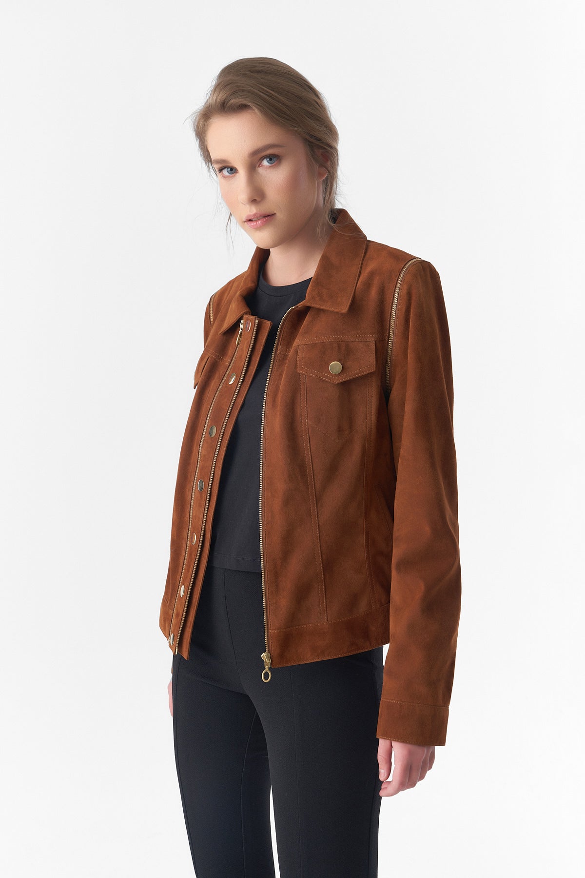 Detachable Sleeves Suede Biker Jacket and Waistcoat, Tan