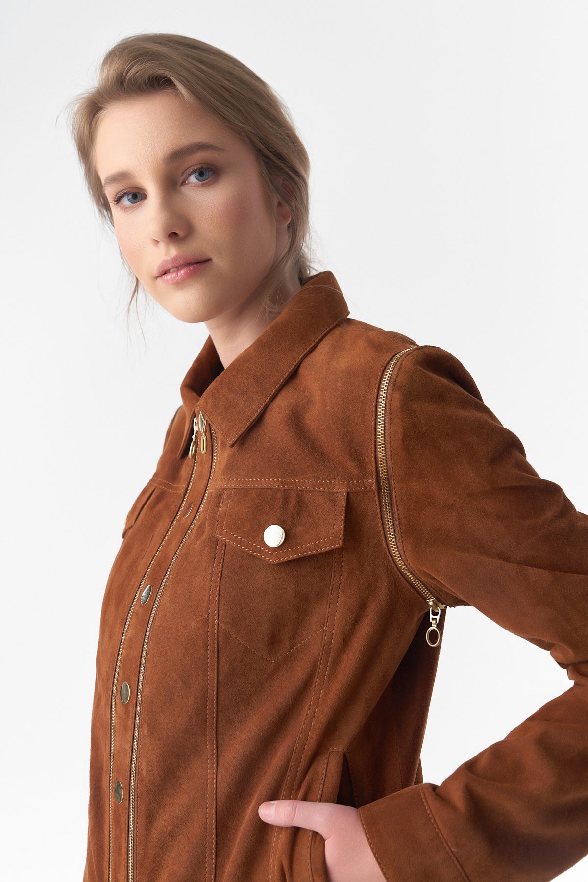 Detachable Sleeves Suede Biker Jacket and Waistcoat, Tan