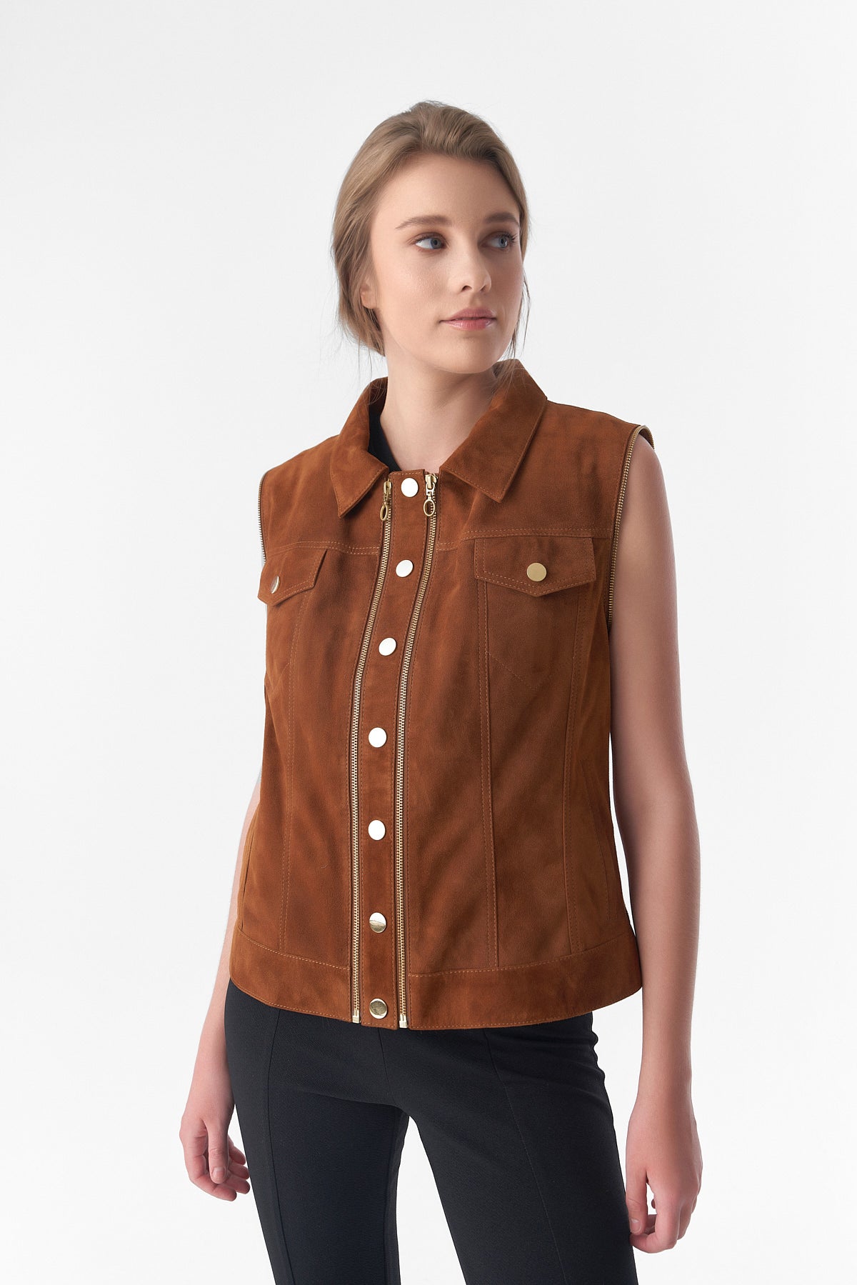 Detachable Sleeves Suede Biker Jacket and Waistcoat, Tan