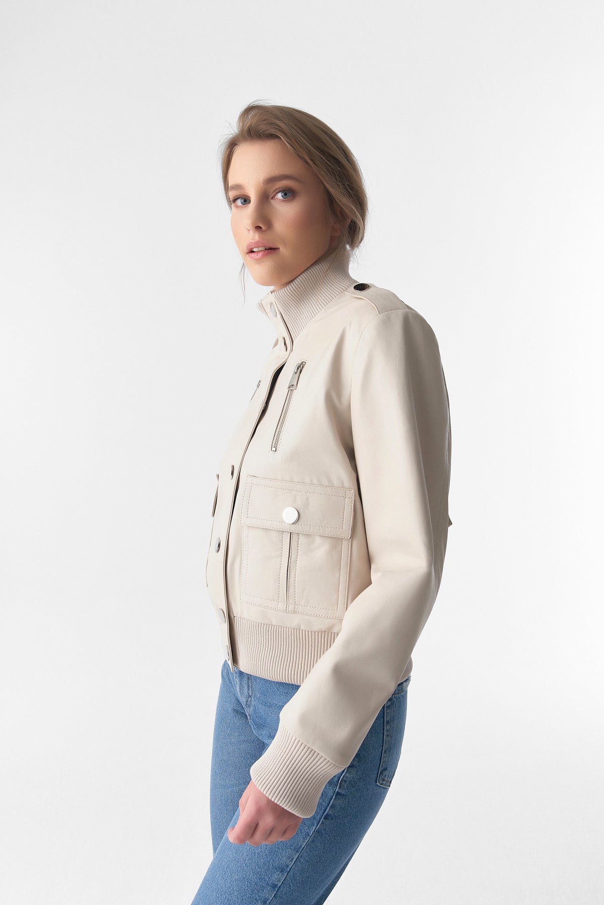 Genuine Leather Bomber Jacket, Beige Nappa