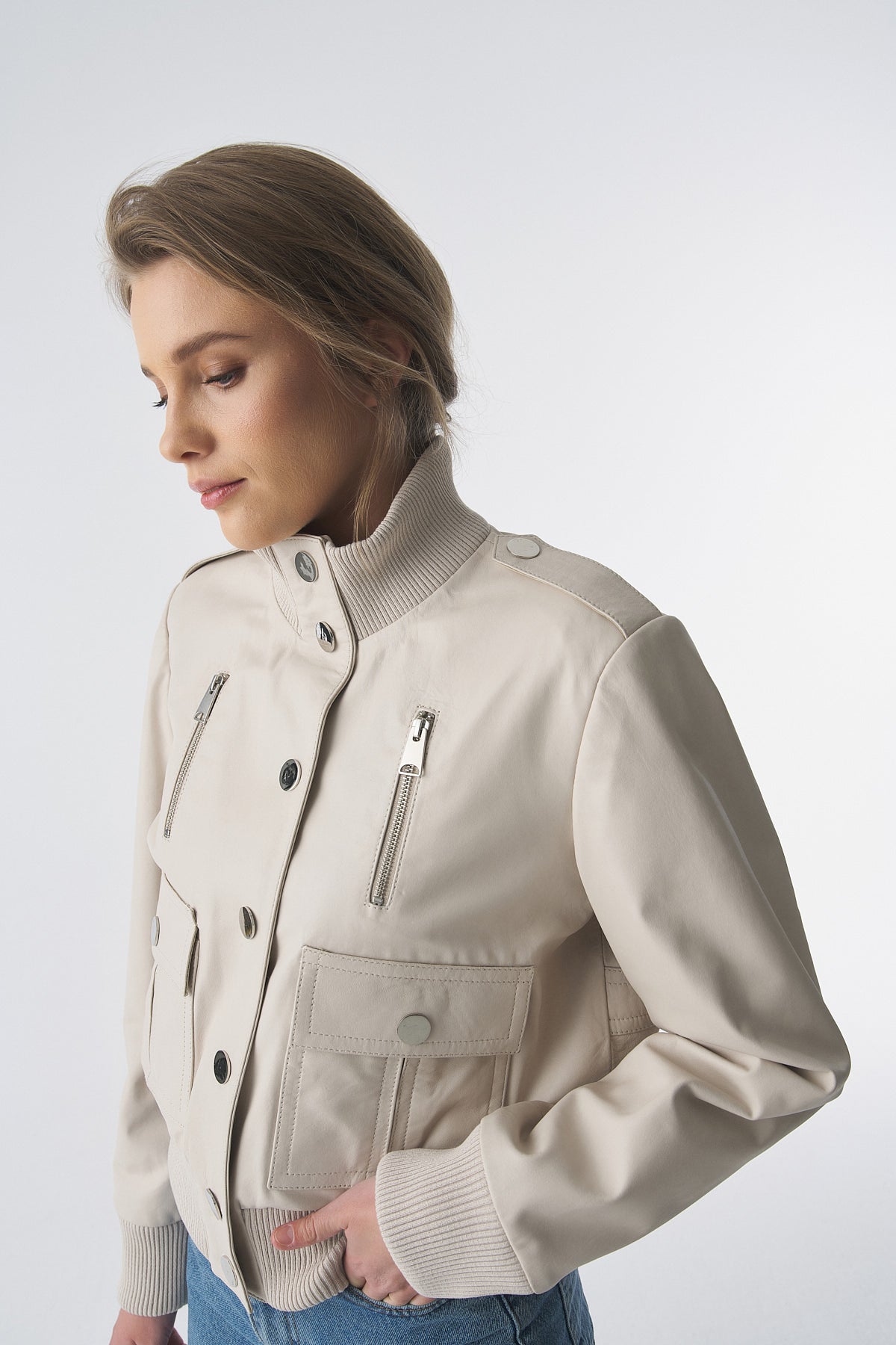 Genuine Leather Bomber Jacket, Beige Nappa