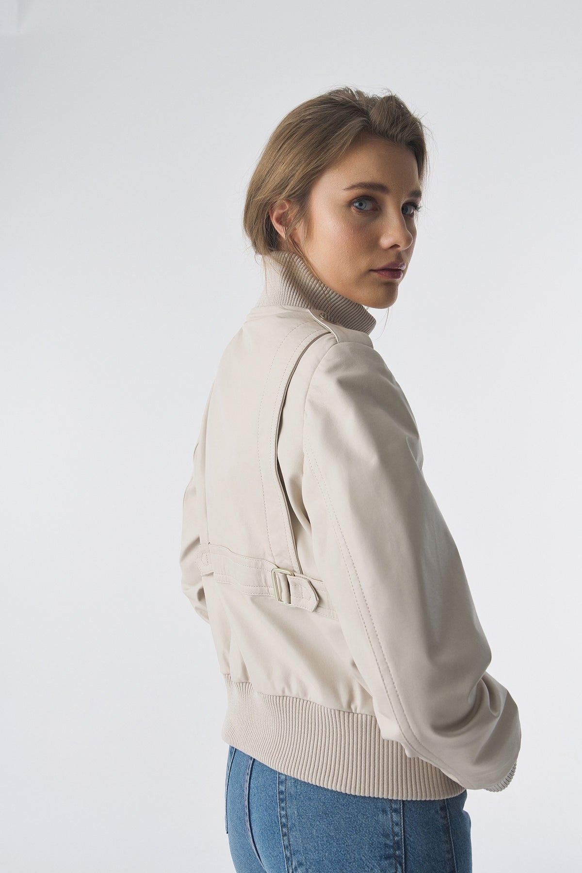 Genuine Leather Bomber Jacket, Beige Nappa