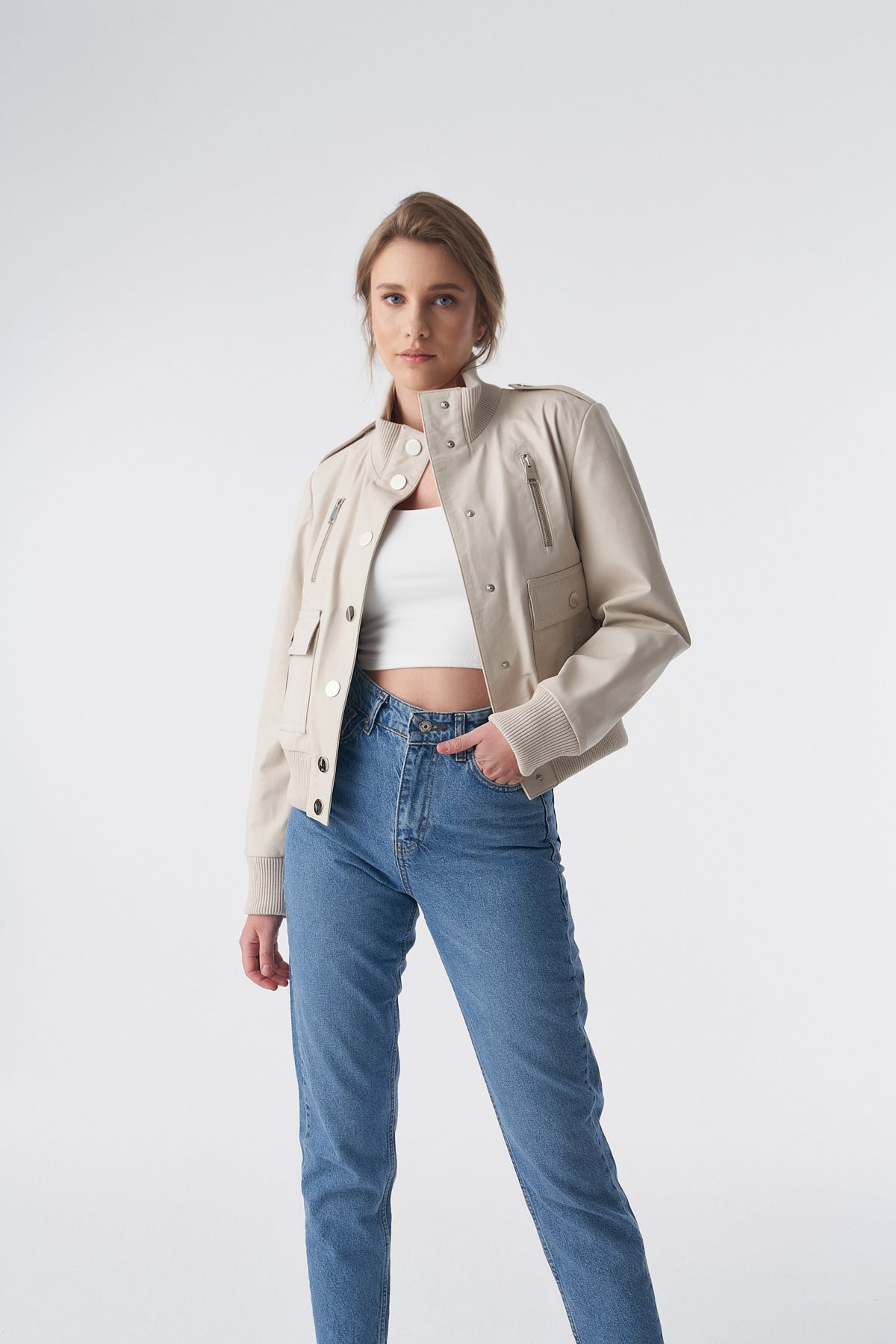 Genuine Leather Bomber Jacket, Beige Nappa