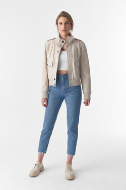 Image of Genuine Leather Bomber Jacket, Beige Nappa