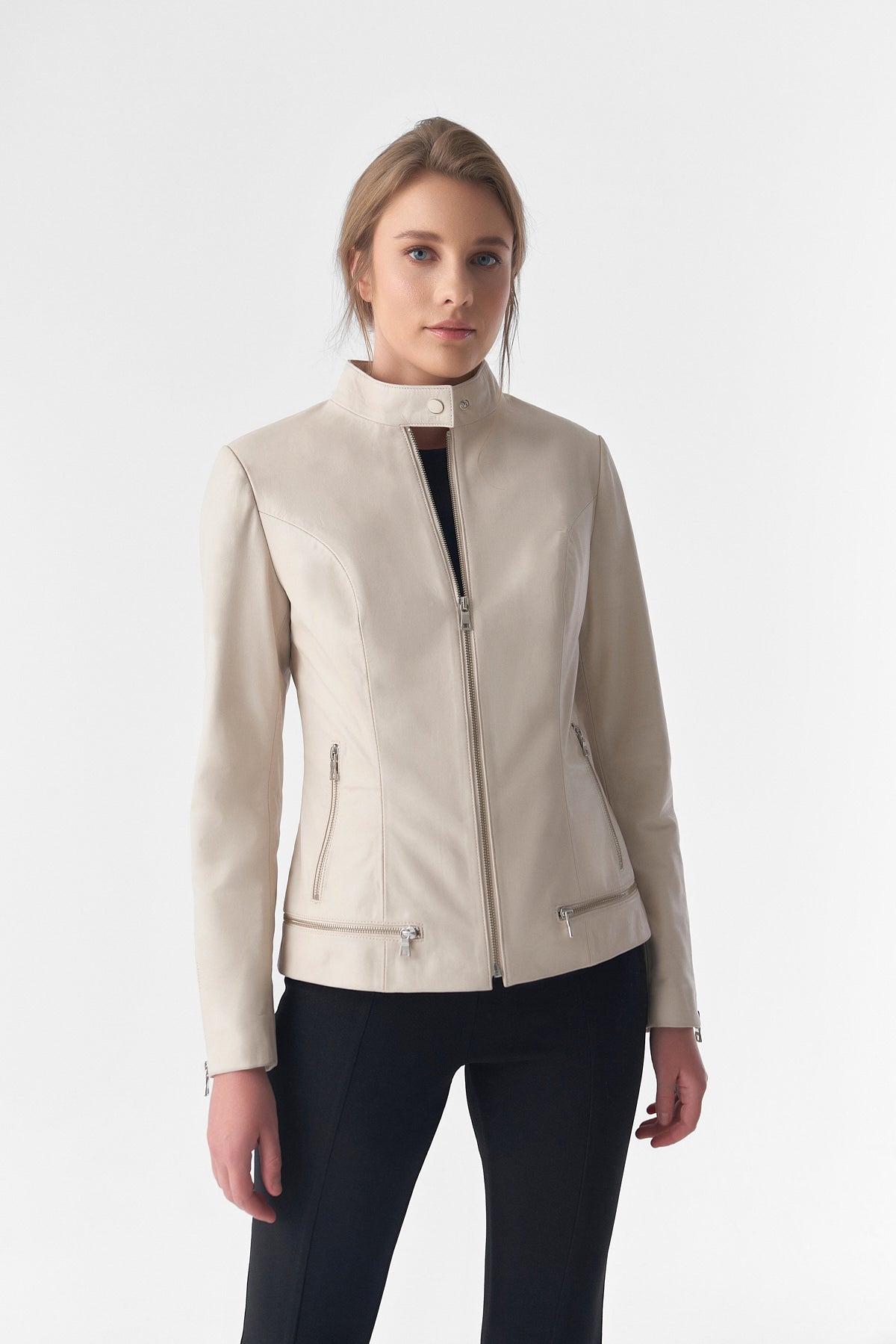 Zipper Hem Detail Leather Jacket, Beige