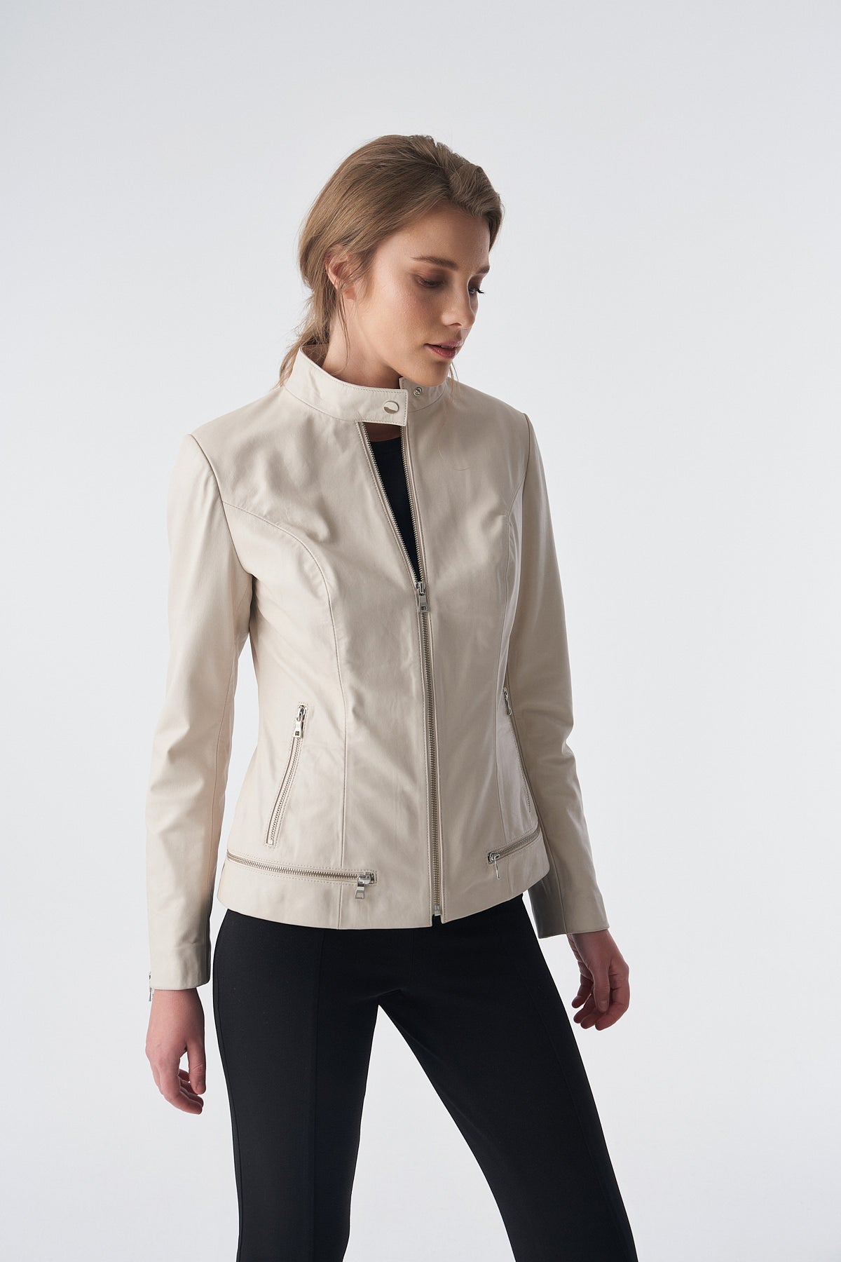 Zipper Hem Detail Leather Jacket, Beige